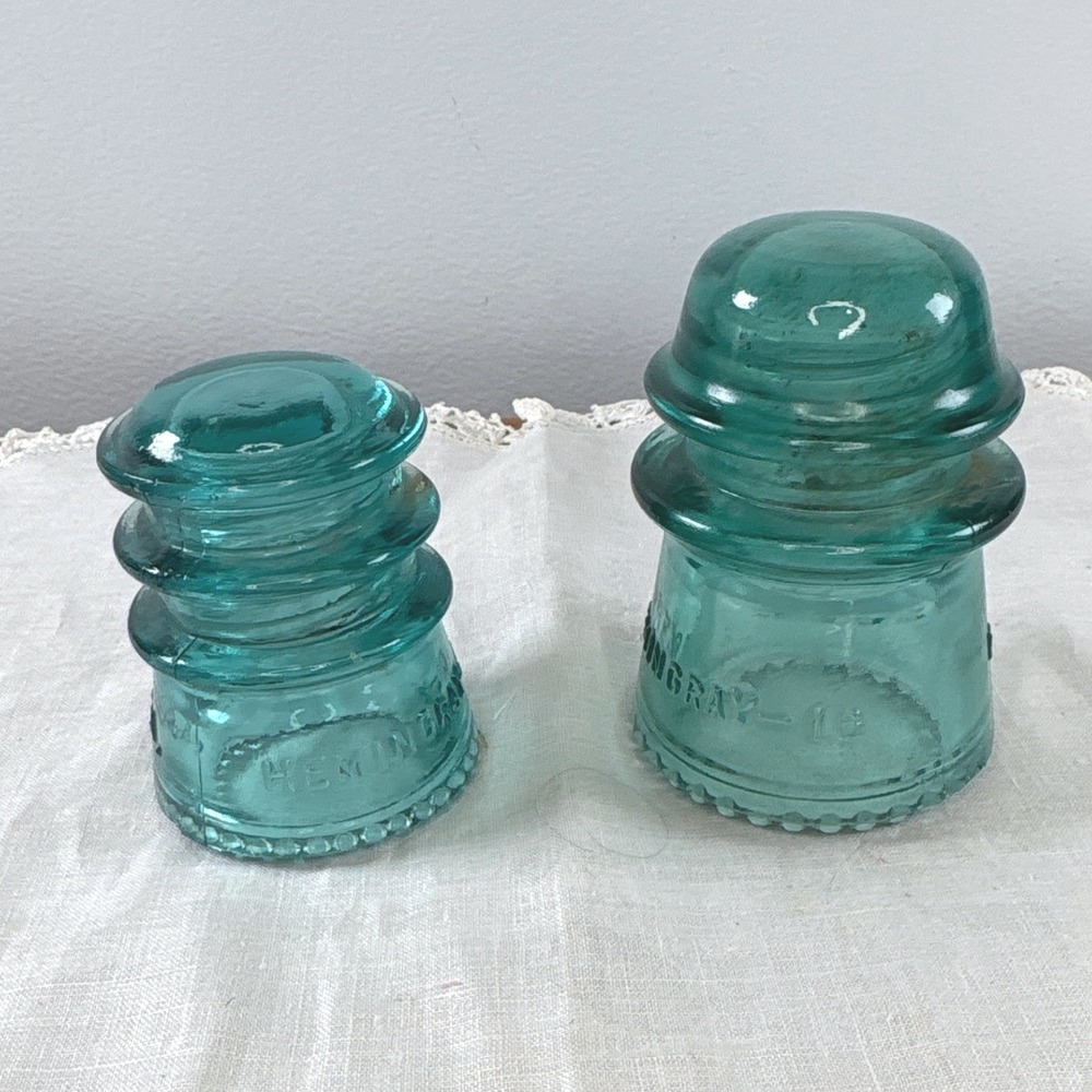 Vintage Hemingray Glass Insulators Set of 2 Aqua Blue Teal No 9 and No 16